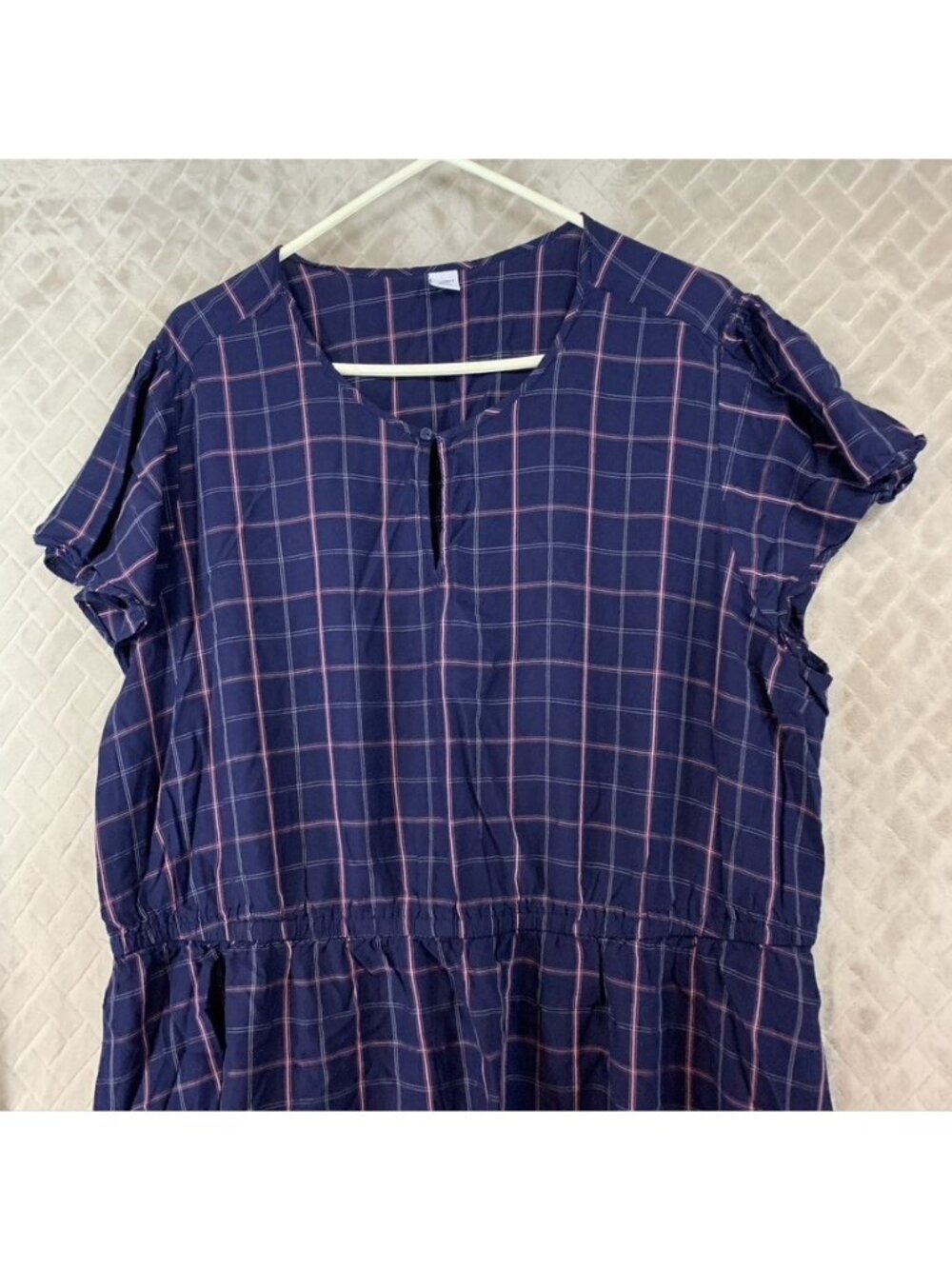 Old Navy Dress Size XXL Navy Blue Plaid Knee Length Short Ruffle Sleeve Academia - Picture 2 of 11